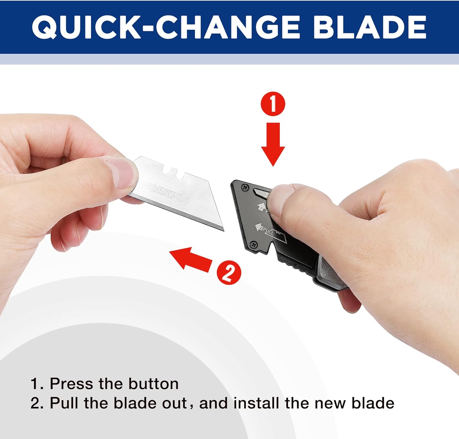 WORKPRO folding utility knife showing blade quick-change action with two hands