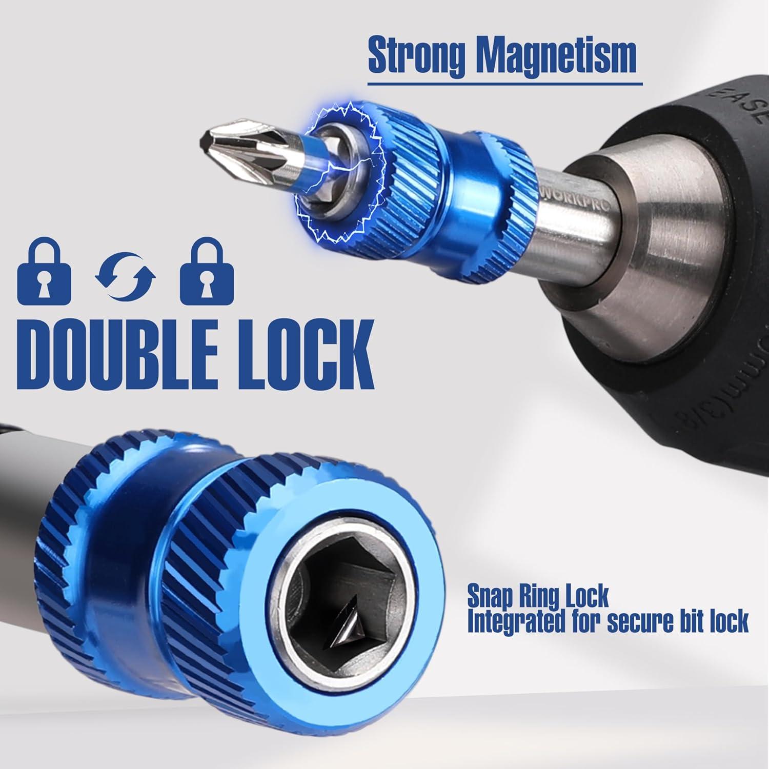Blue magnetic double-lock drill bit holder with snap ring mechanism