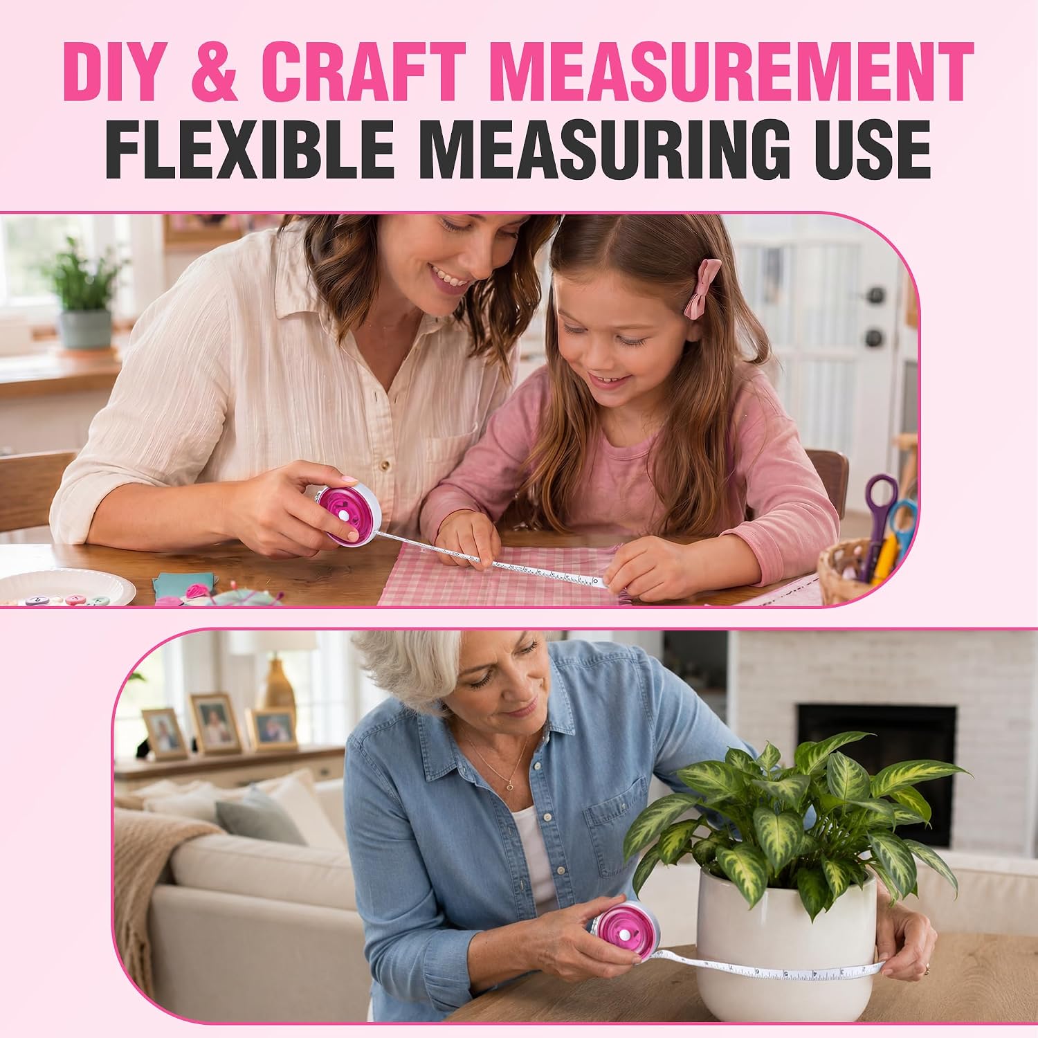 Pink retractable measuring tape in hands for DIY and craft measuring