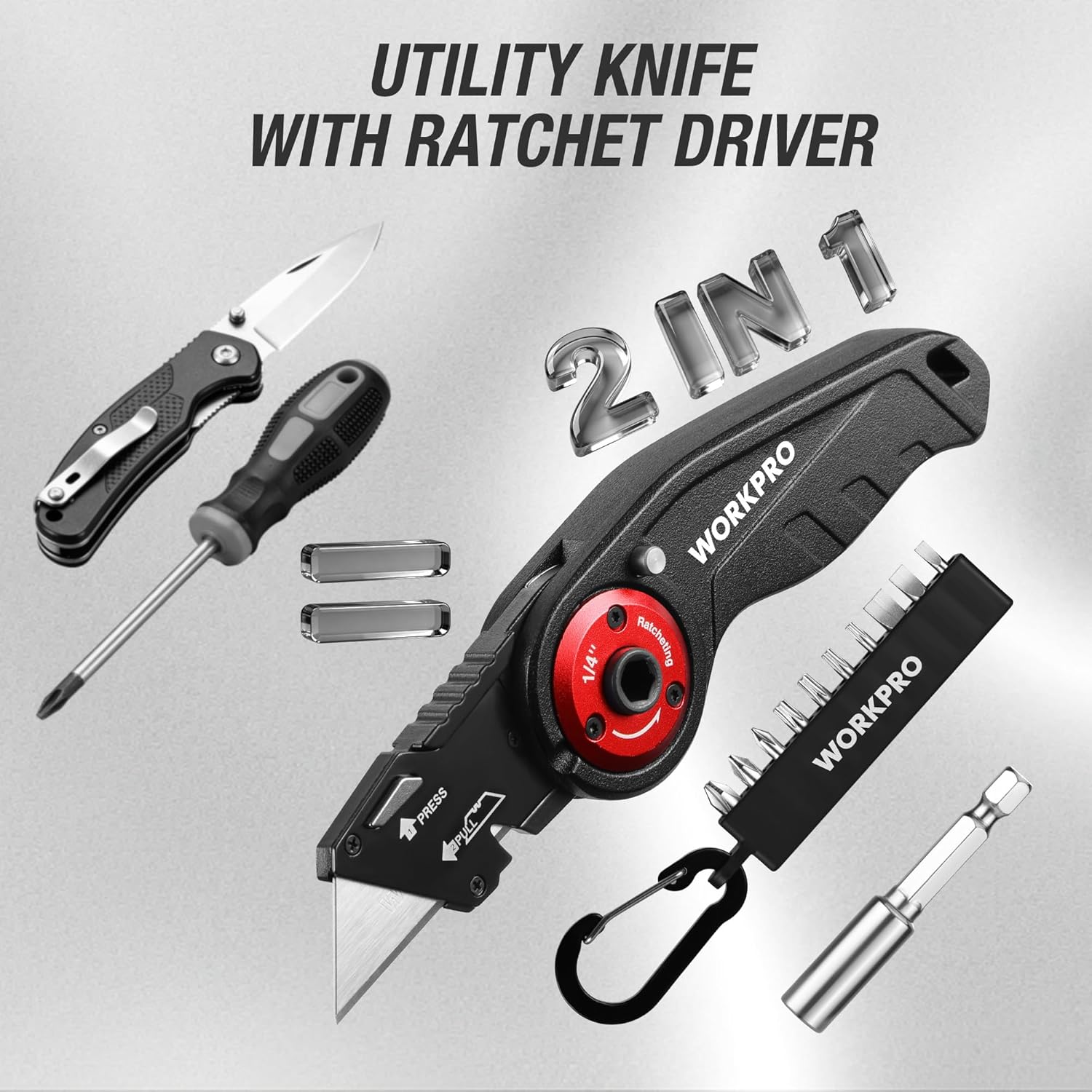 WORKPRO utility knife with ratchet driver, folding blade, and included bits