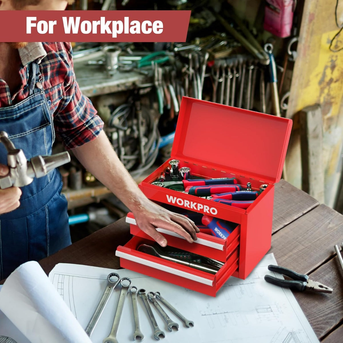 Red WORKPRO mini metal tool box with two drawers and top storage, open