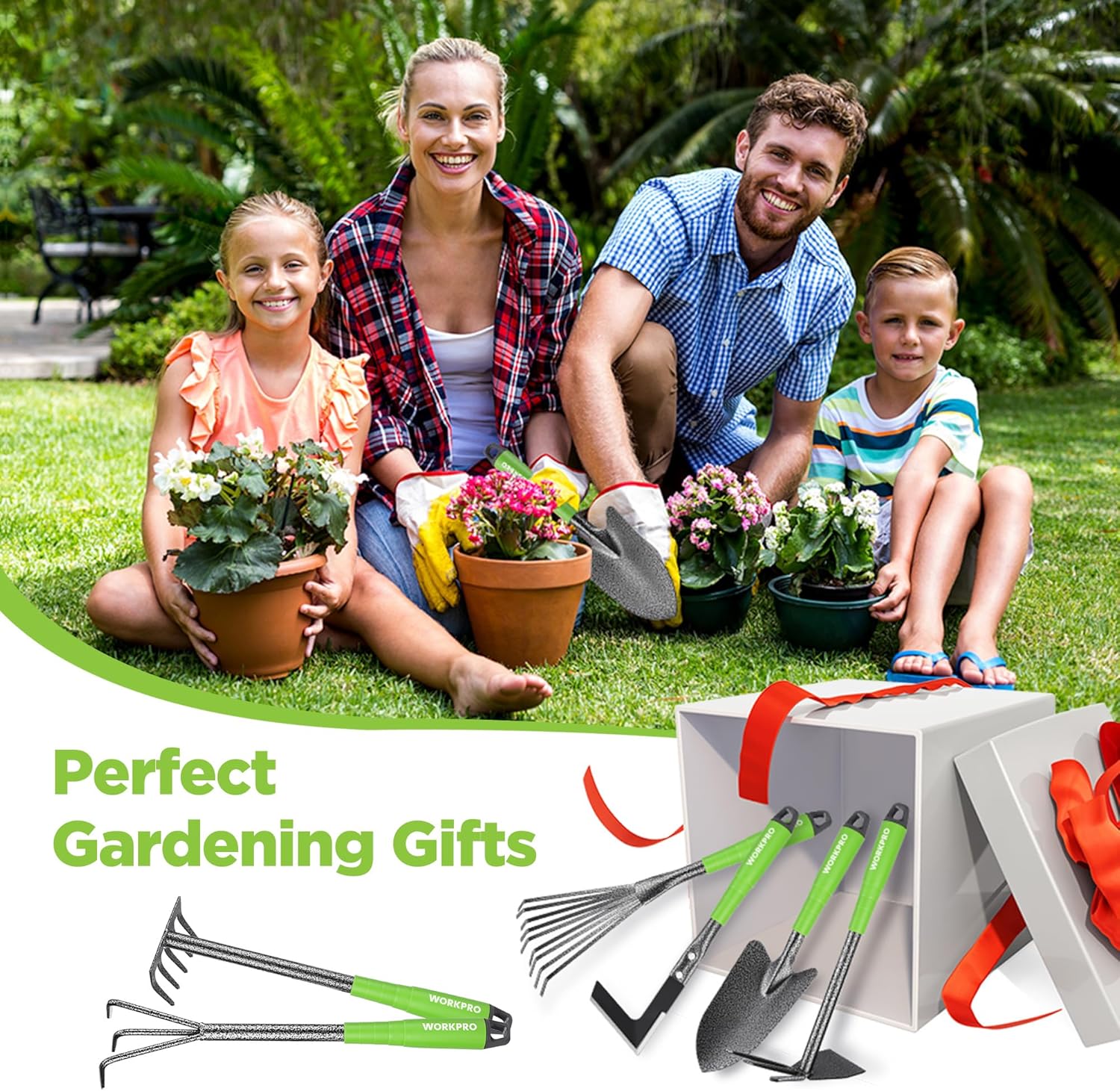 Gardening tool set package with multiple green-handled hand tools and metal heads