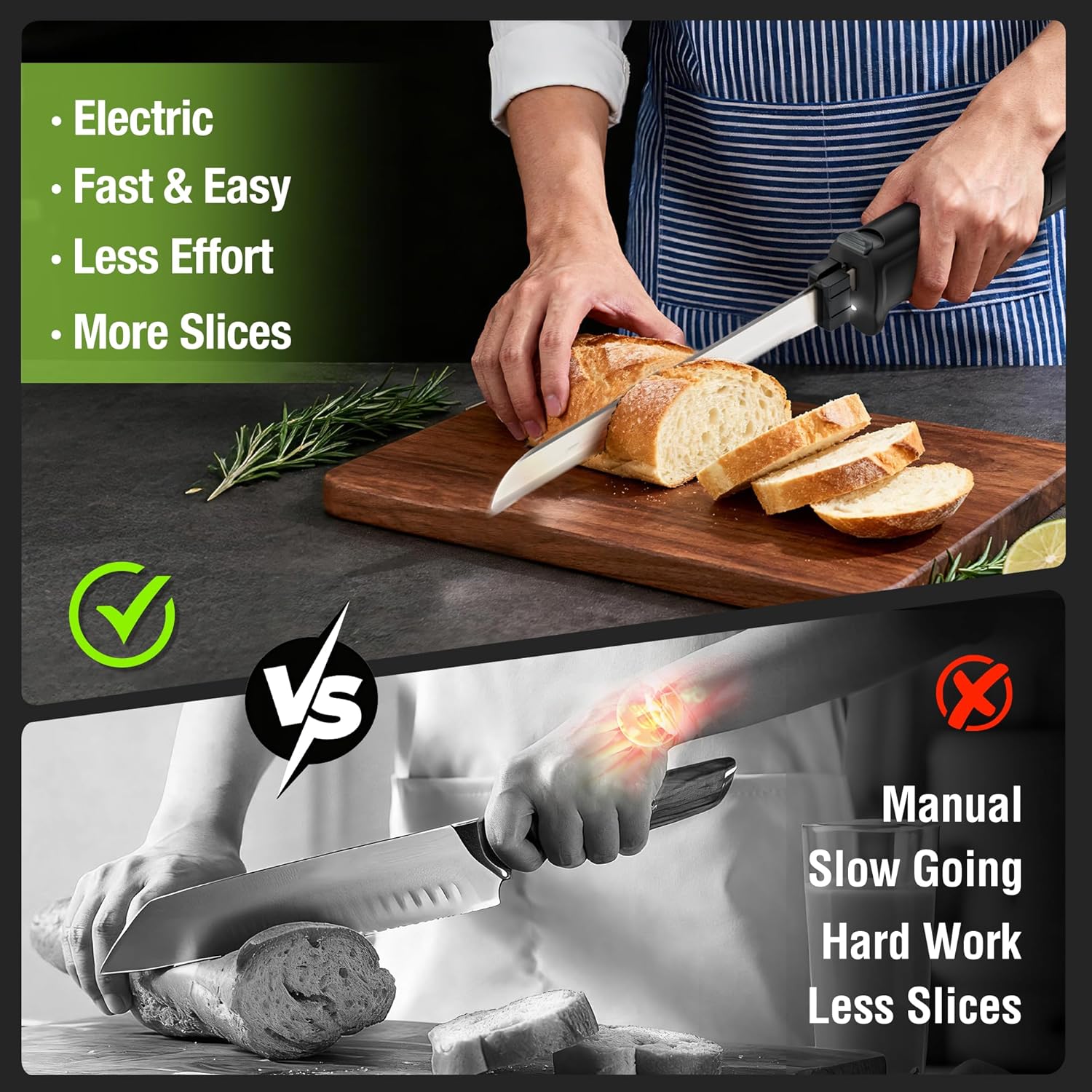 Cordless electric carving knife slicing bread on a wooden board