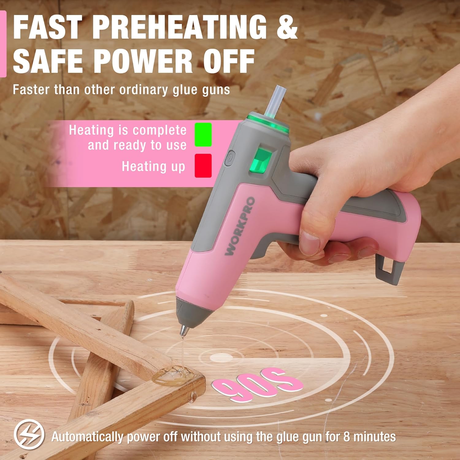WORKPRO pink cordless mini hot glue gun with green LED indicator, automatic power-off