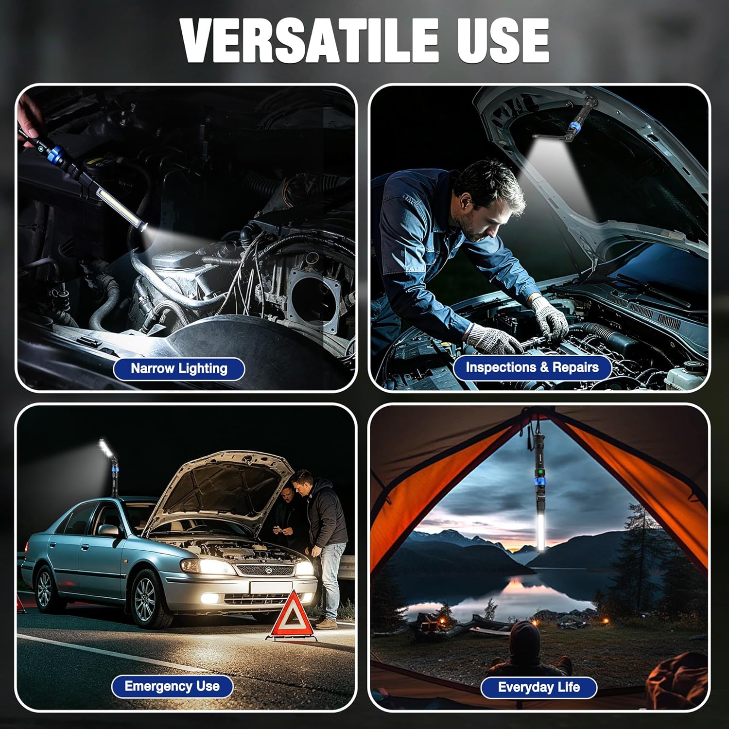 Rechargeable LED work light with adjustable head for car repair, inspections, camping, and emergencies.