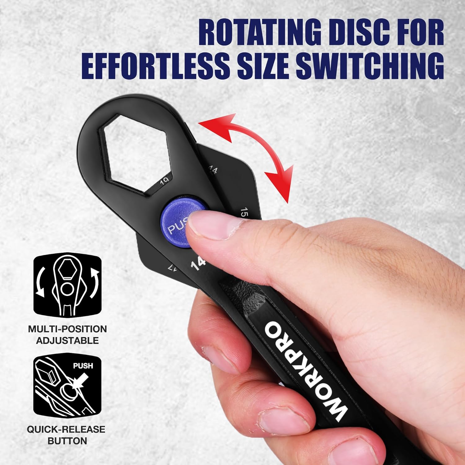 Adjustable wrench with rotating multi-position head and push-button size switching