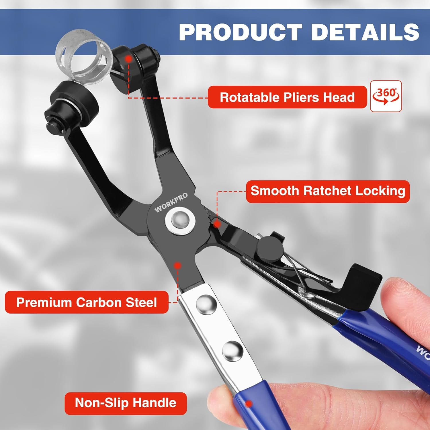 Blue-and-black long reach hose clamp plier with rotatable head and ratchet lock