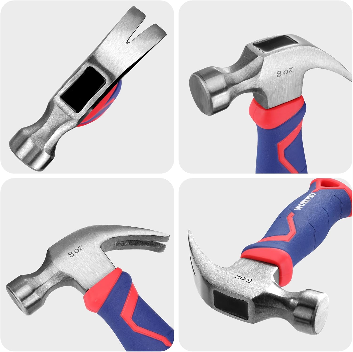 Claw hammer head with 8 oz marking and blue-red fiberglass grip, close-up