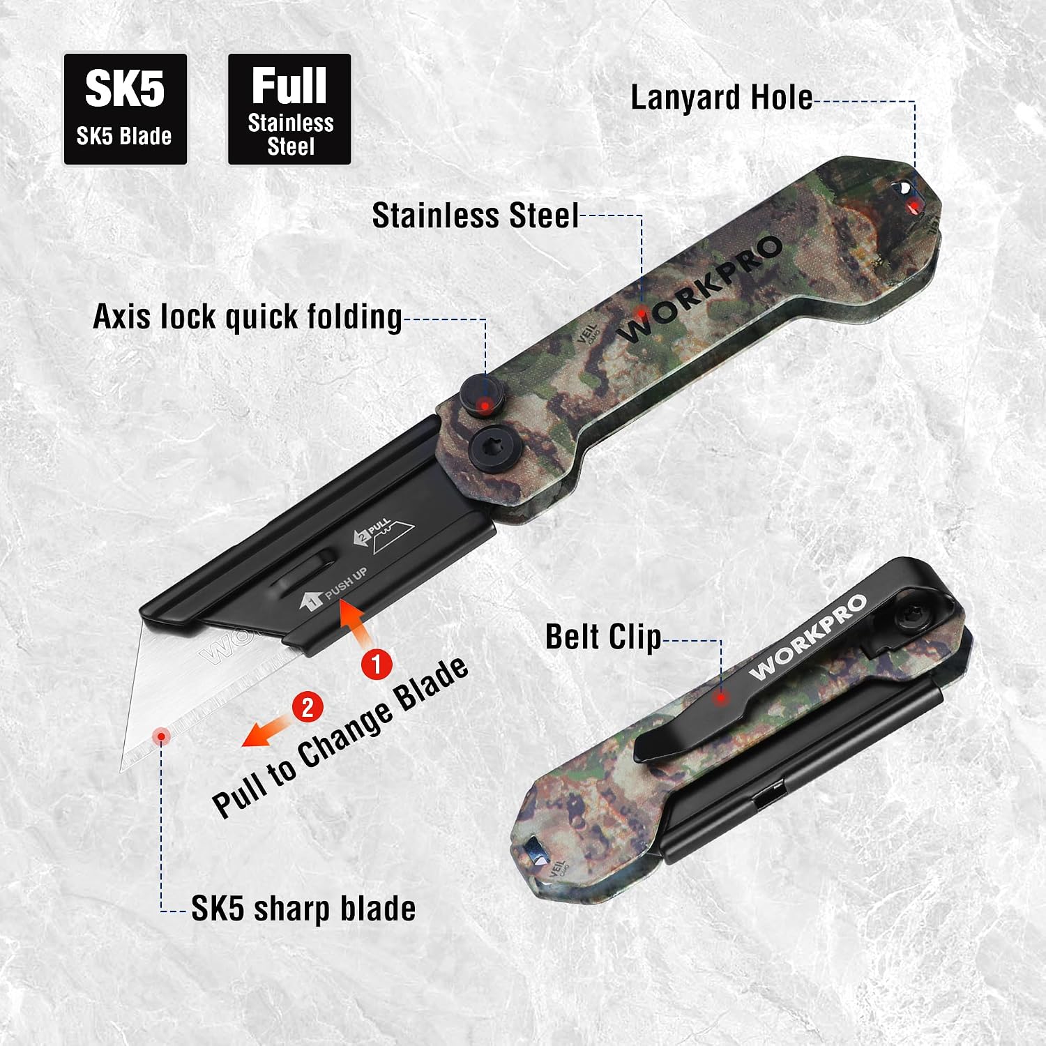 Camouflage folding box cutter with black blade, axis lock, and belt clip