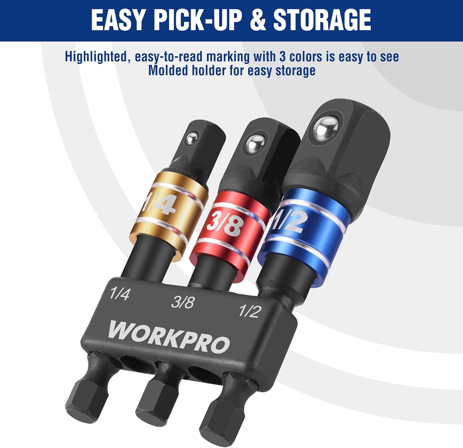 Socket adapter set with 1/4, 3/8, and 1/2 drive sizes on molded storage holder