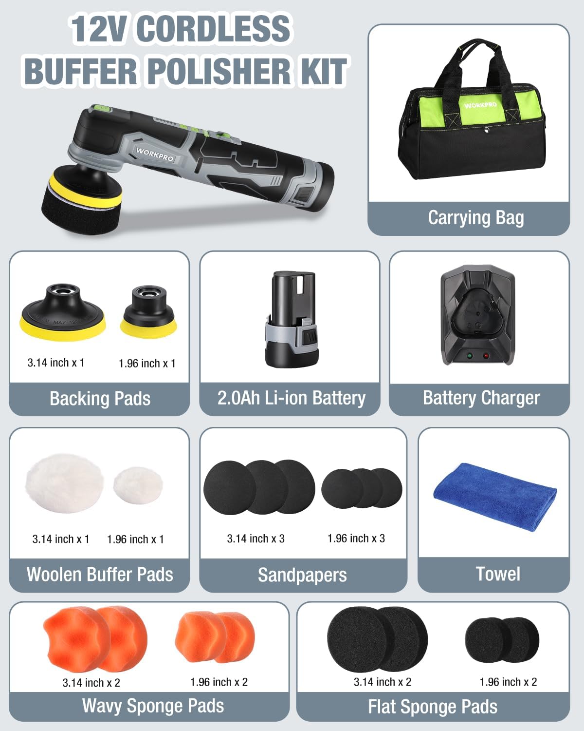 12V cordless buffer polisher kit with carrying bag, backing pads, charger, and buffer accessories