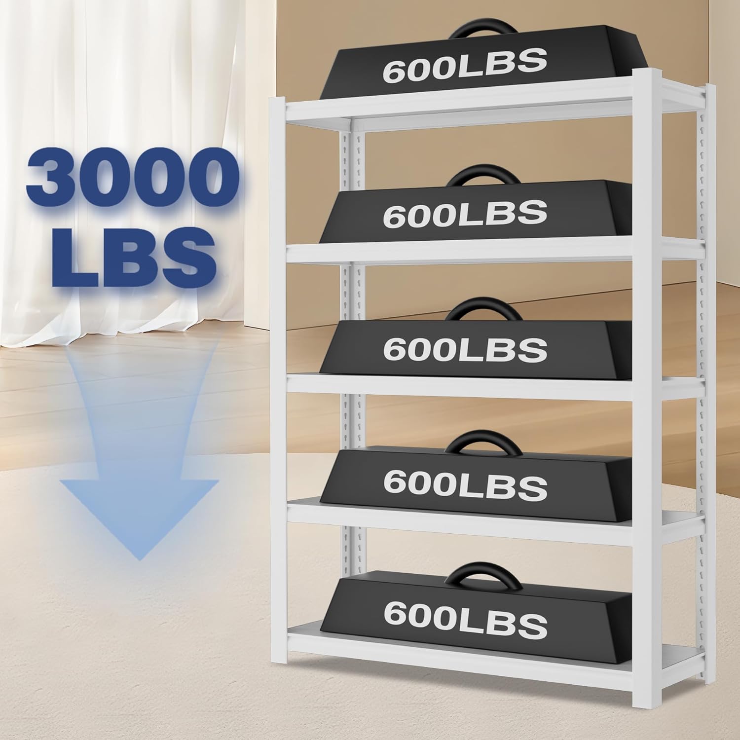 White metal 5-tier shelving rack with four horizontal shelves and black handle grips