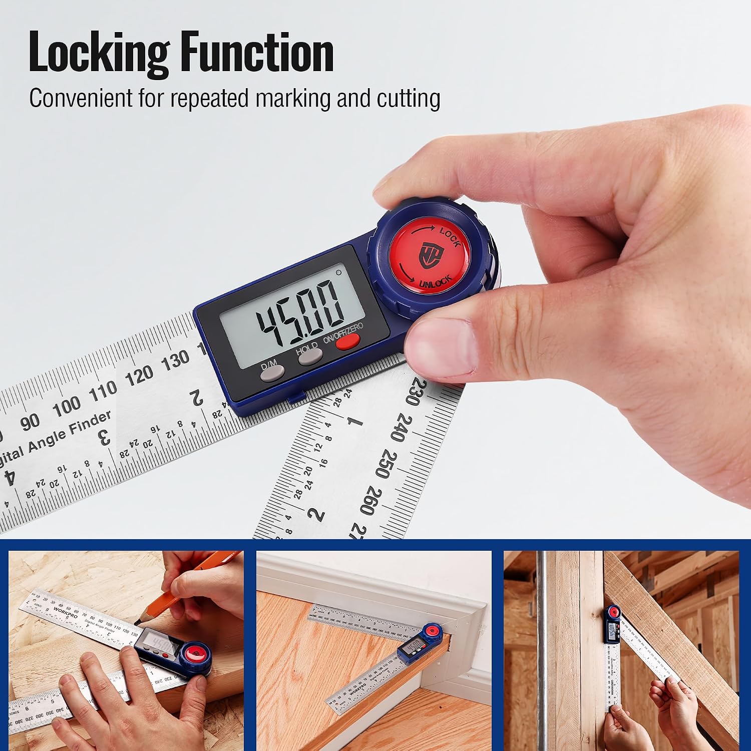 Blue digital angle finder with LCD screen and red locking dial held by a hand