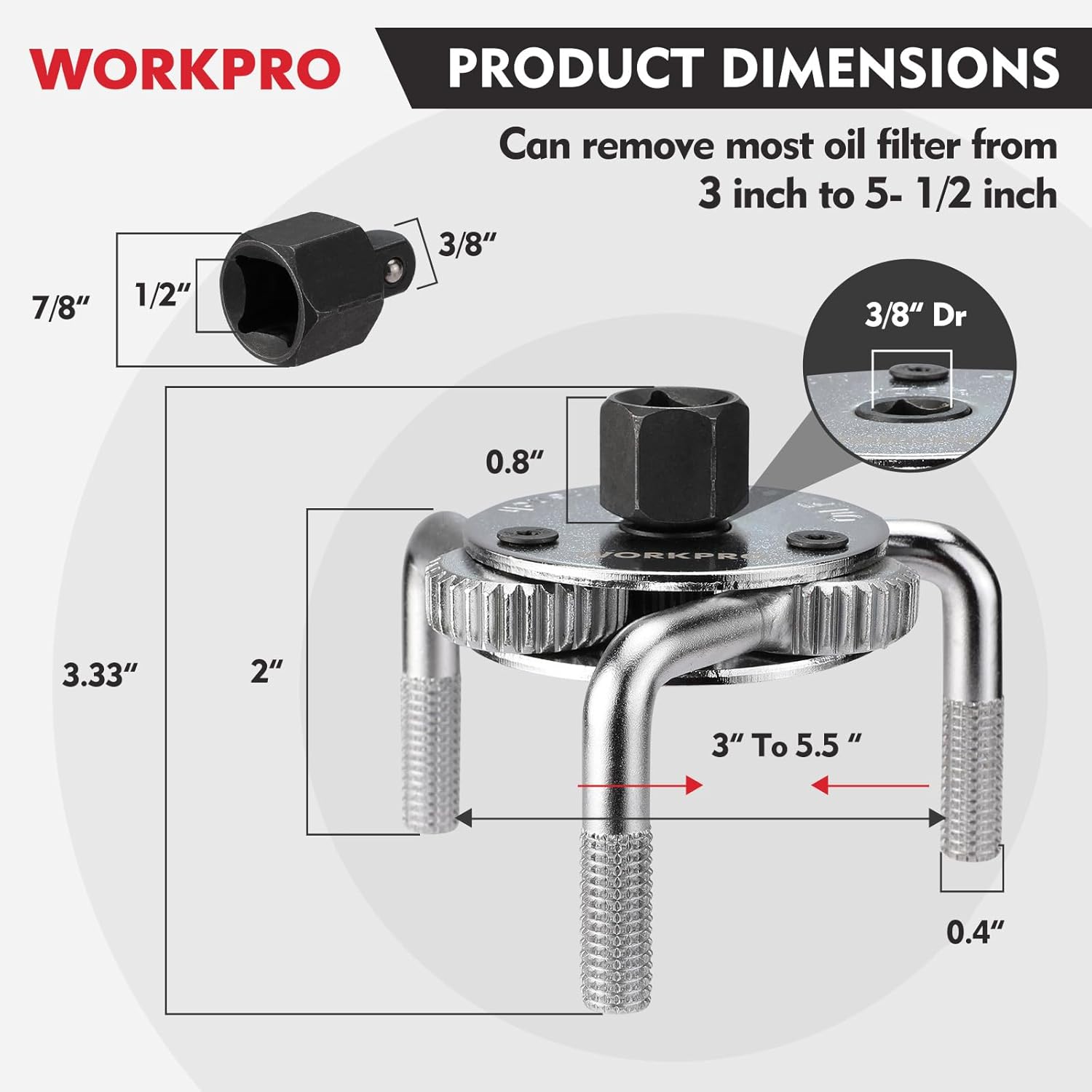 Universal adjustable 3-jaw oil filter wrench with black drive socket and threaded legs