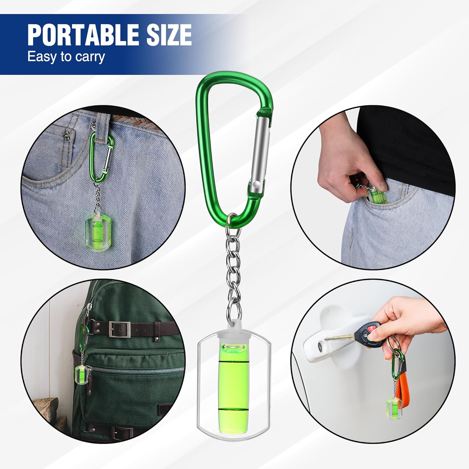 Green carabiner keychain mini bubble level for pocket or belt carry