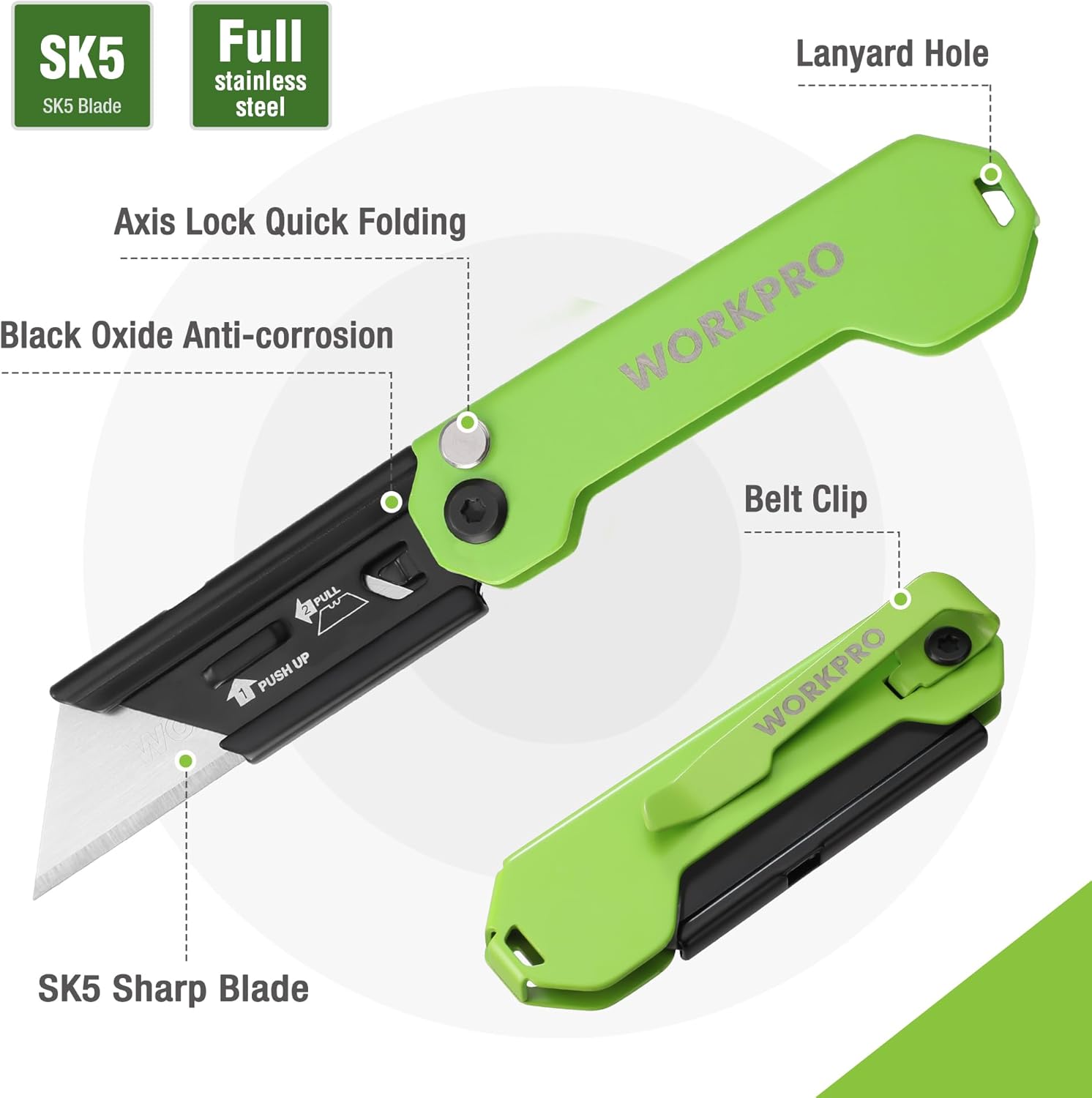 Green folding utility knife with belt clip and lanyard hole, black blade