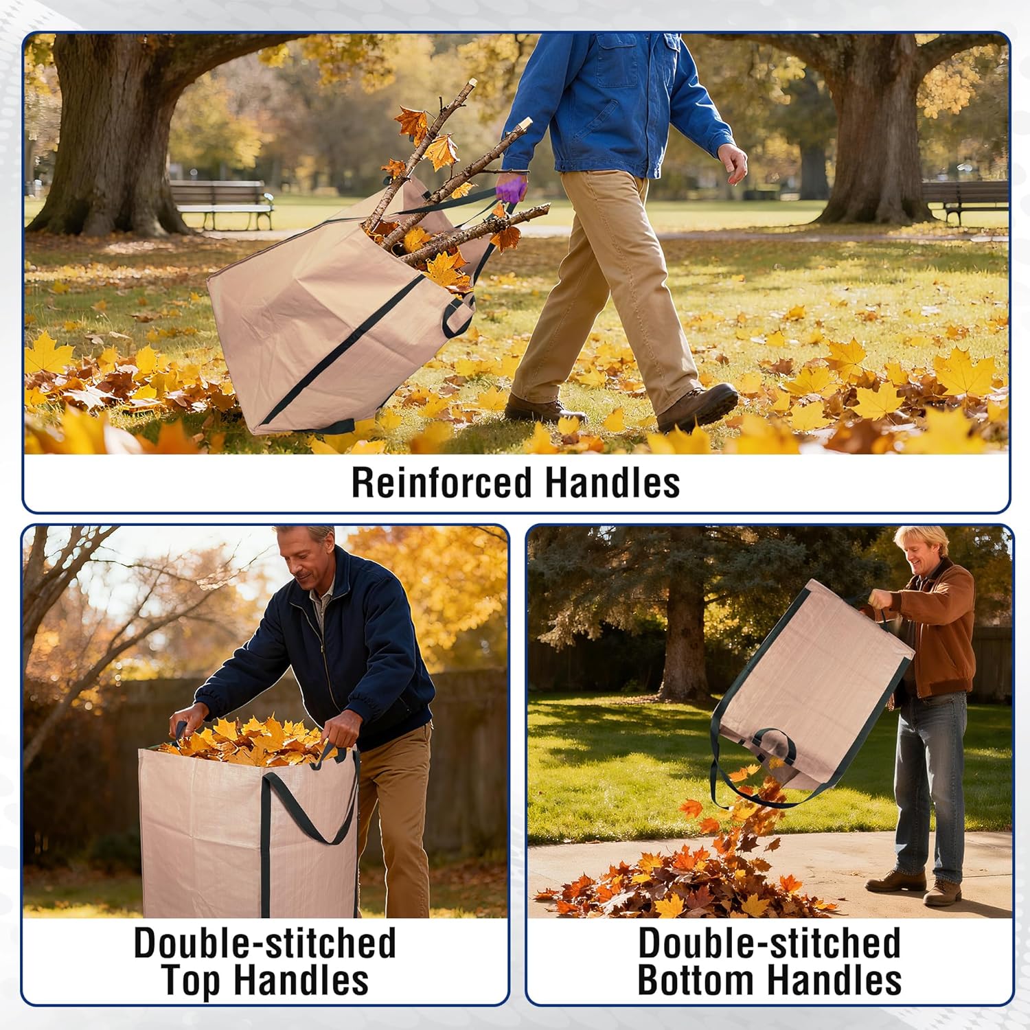 Light tan yard waste bag with reinforced top and bottom carry handles
