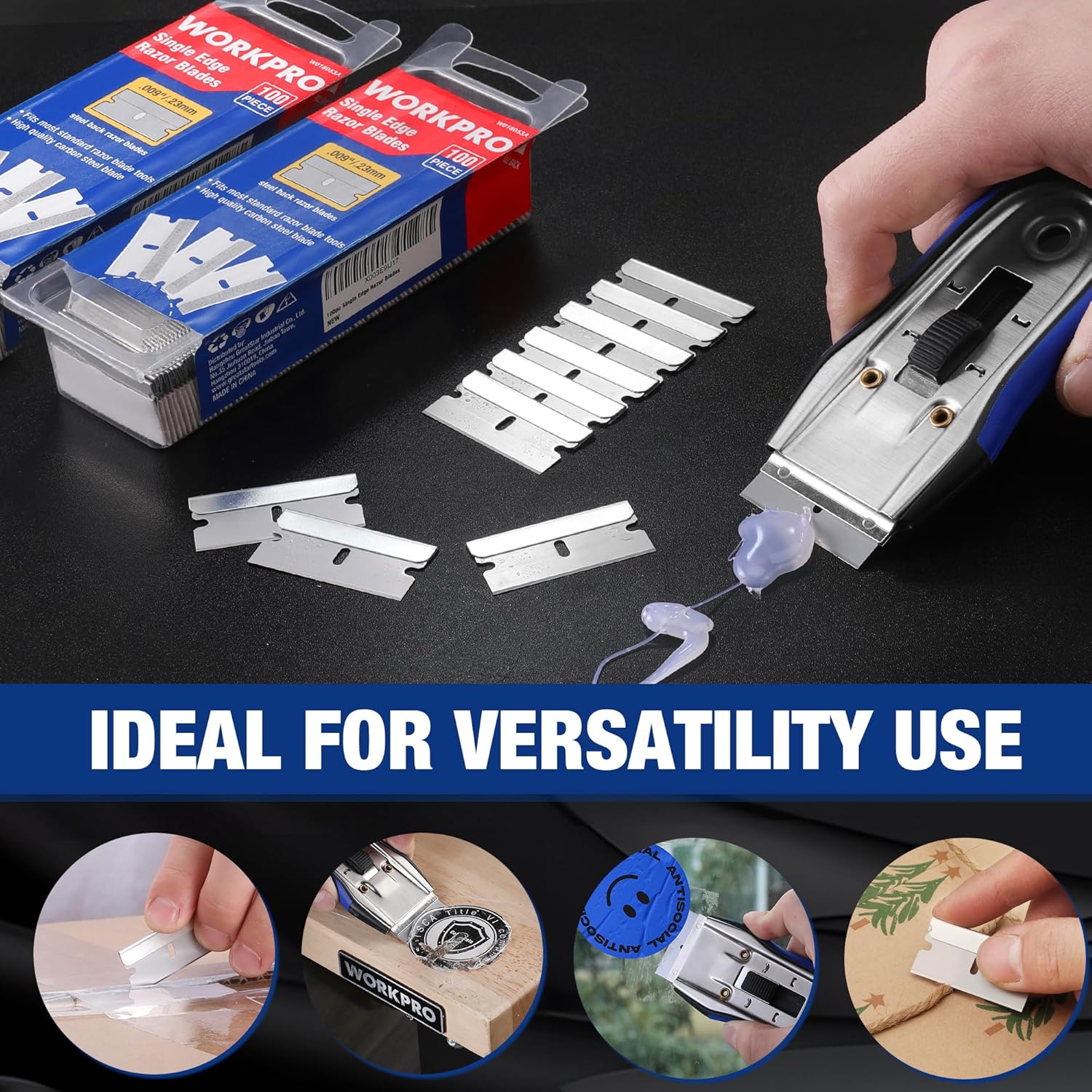 Single-edge razor blade strip and blades in a plastic pack beside a scraper tool