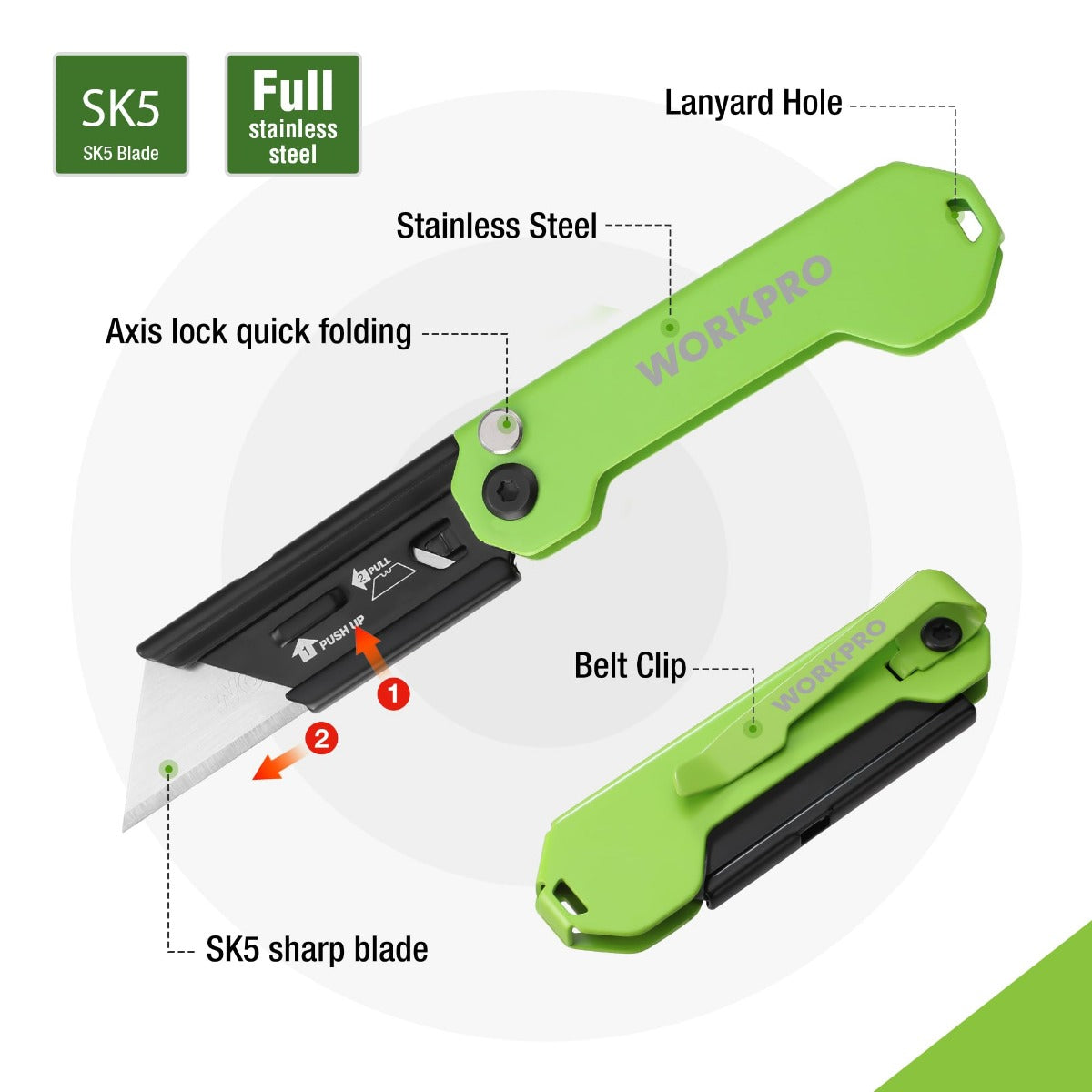 Green folding utility knife with belt clip, lanyard hole, and axis lock mechanism