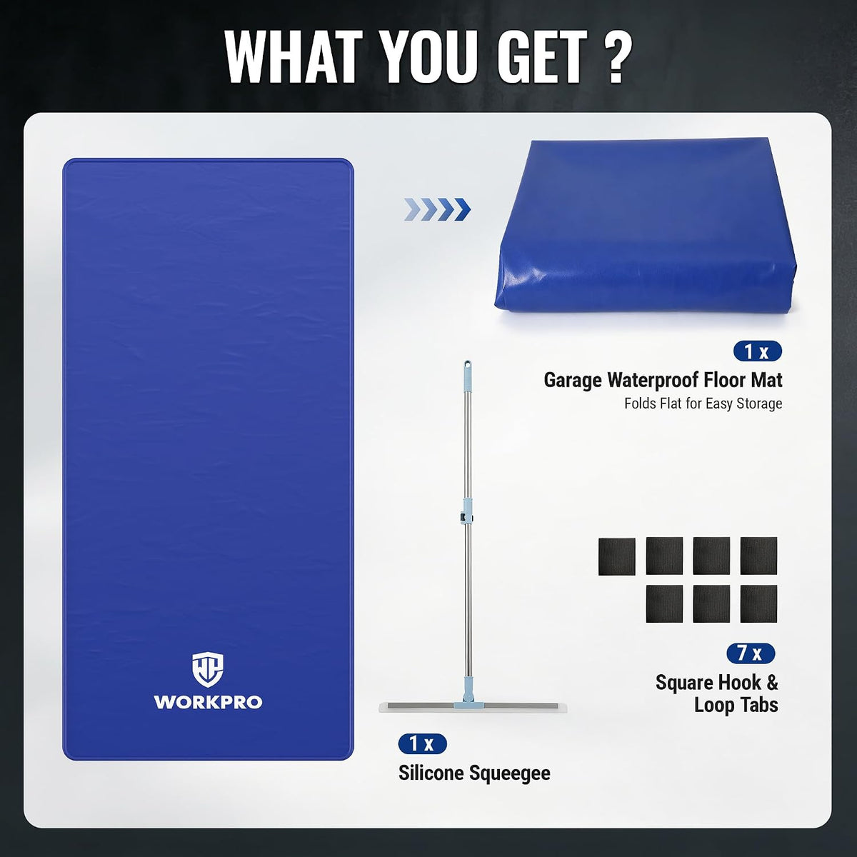 Workpro garage floor containment mat in blue, shown folded for easy storage and garage vehicle protection.
