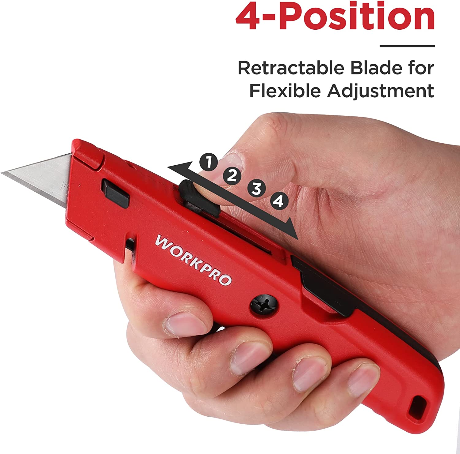 Red retractable box cutter utility knife showing blade retraction positions, held in hand