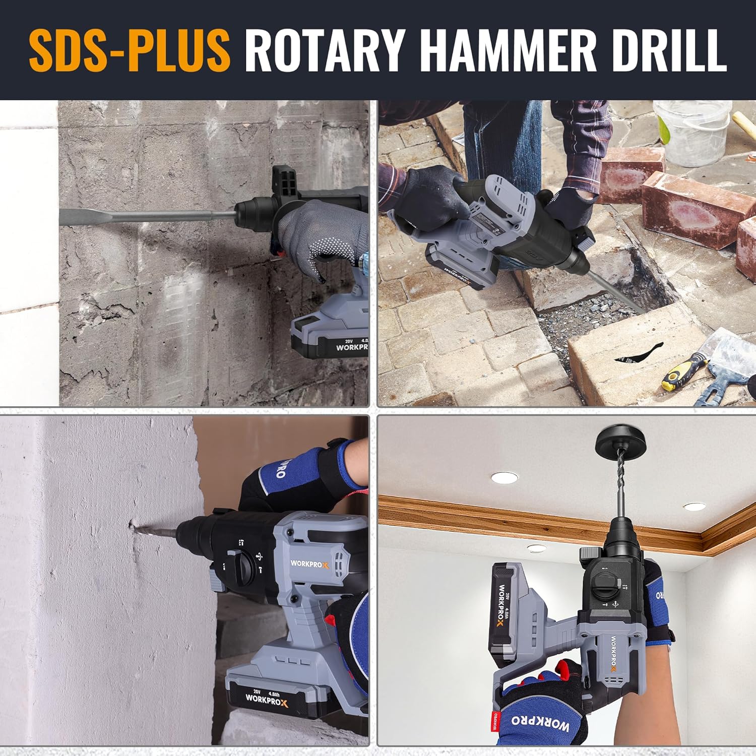 SDS-Plus rotary hammer drill with chisel bits and auxiliary handle
