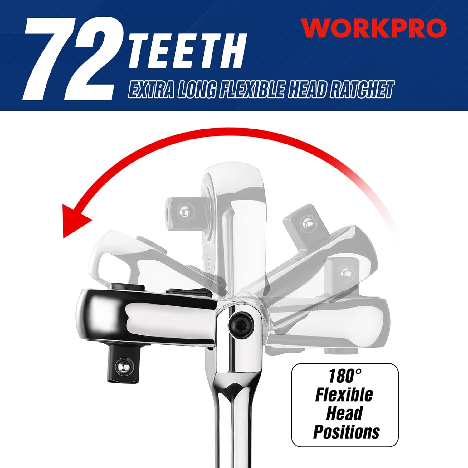 Extra-long flex head ratchet with 180° flexible head positions, chrome-finished steel