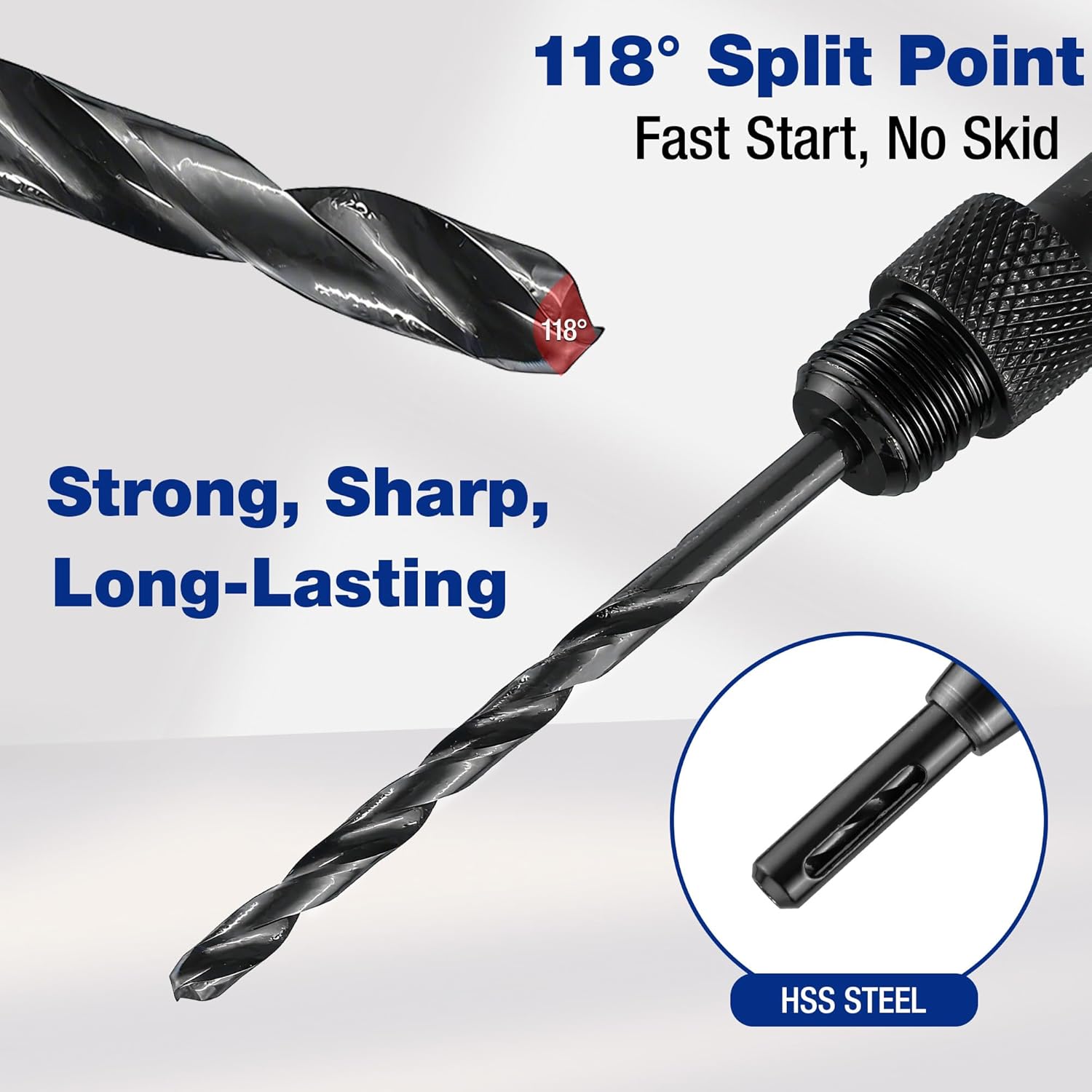 118° split point HSS drill bit tip for fast start and secure grip