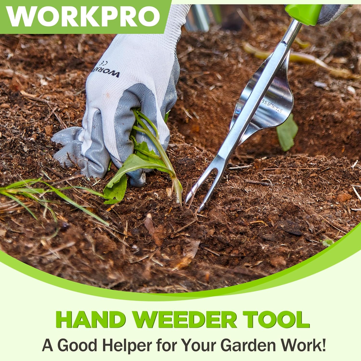 WORKPRO hand weeder in gloved hand with metal V-fork pulling weeds from soil