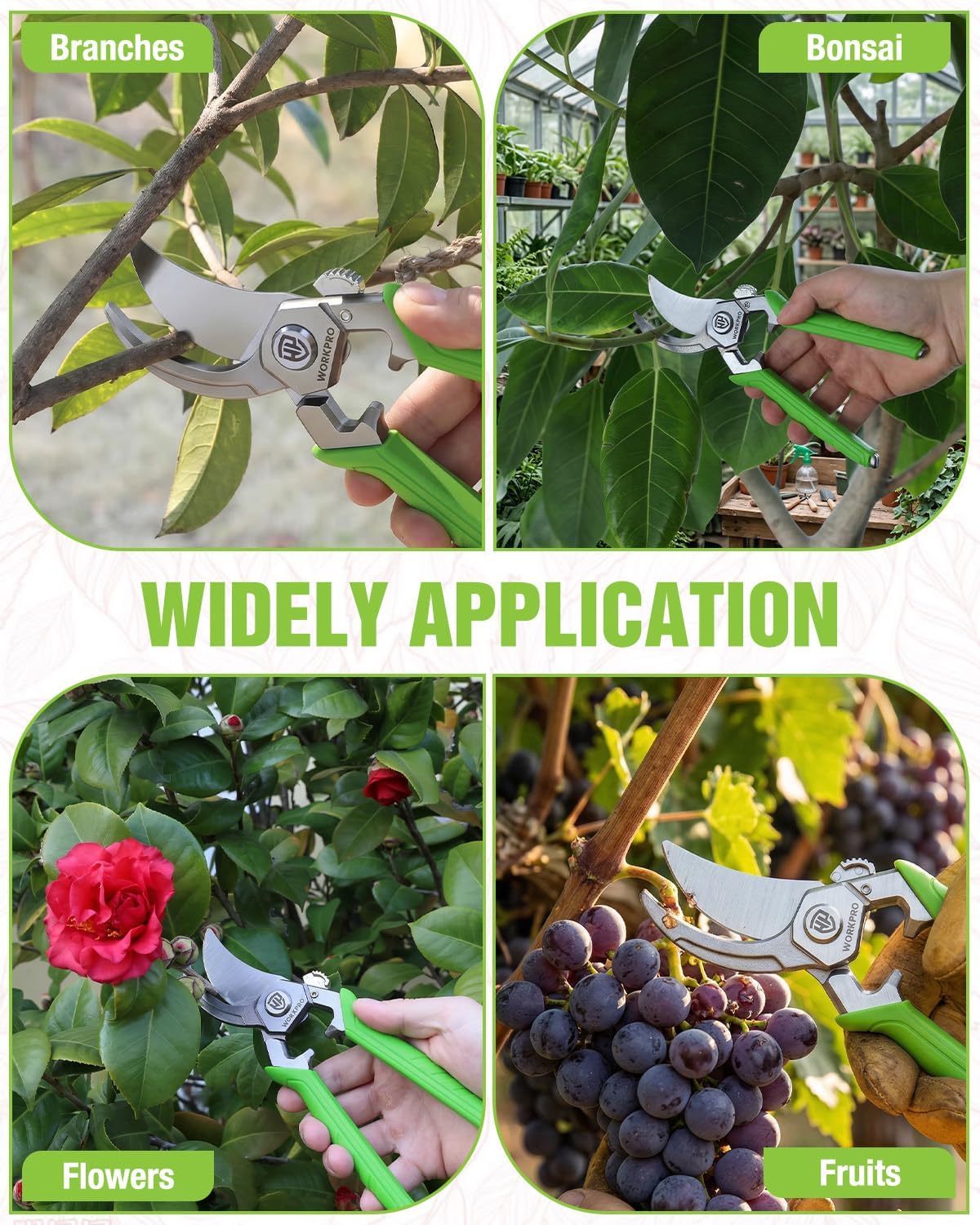 Green-handled bypass pruners cutting branches on leaves, suited for garden trimming