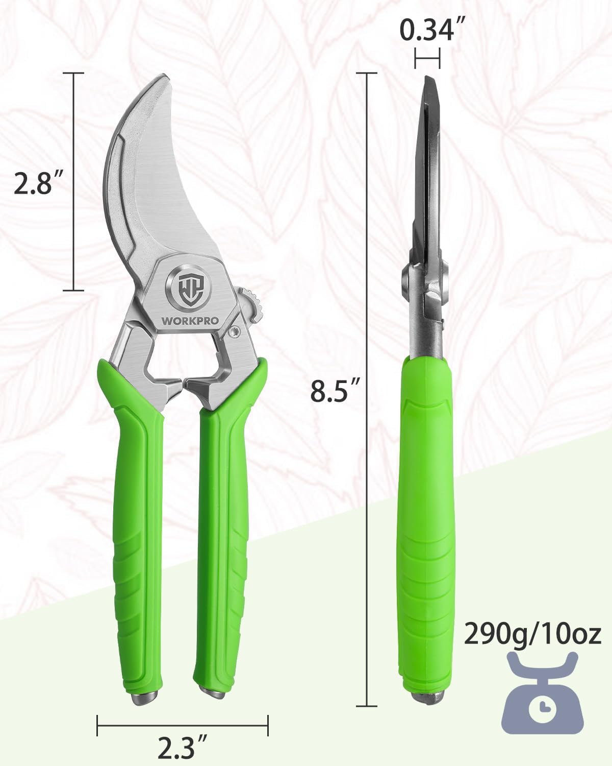 WORKPRO bypass pruning shears with green grips and silver curved blades, 8.5-inch