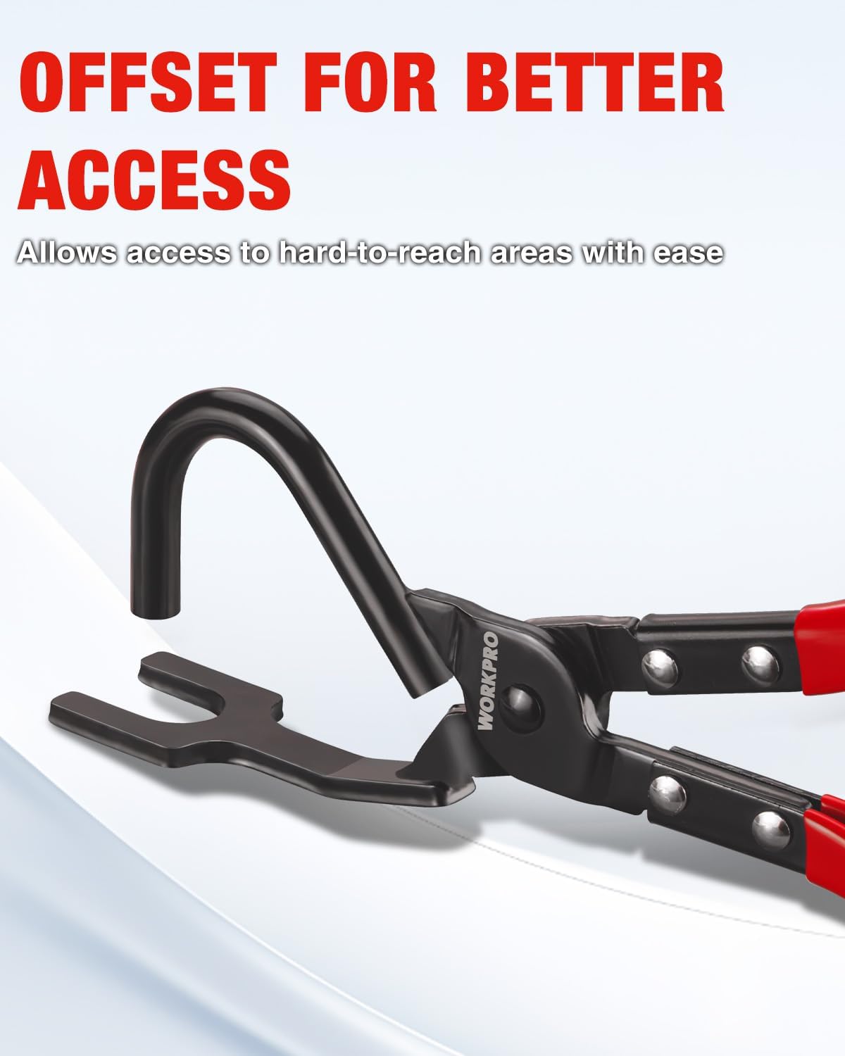 Offset black exhaust hanger removal pliers with curved hook jaws and red handles