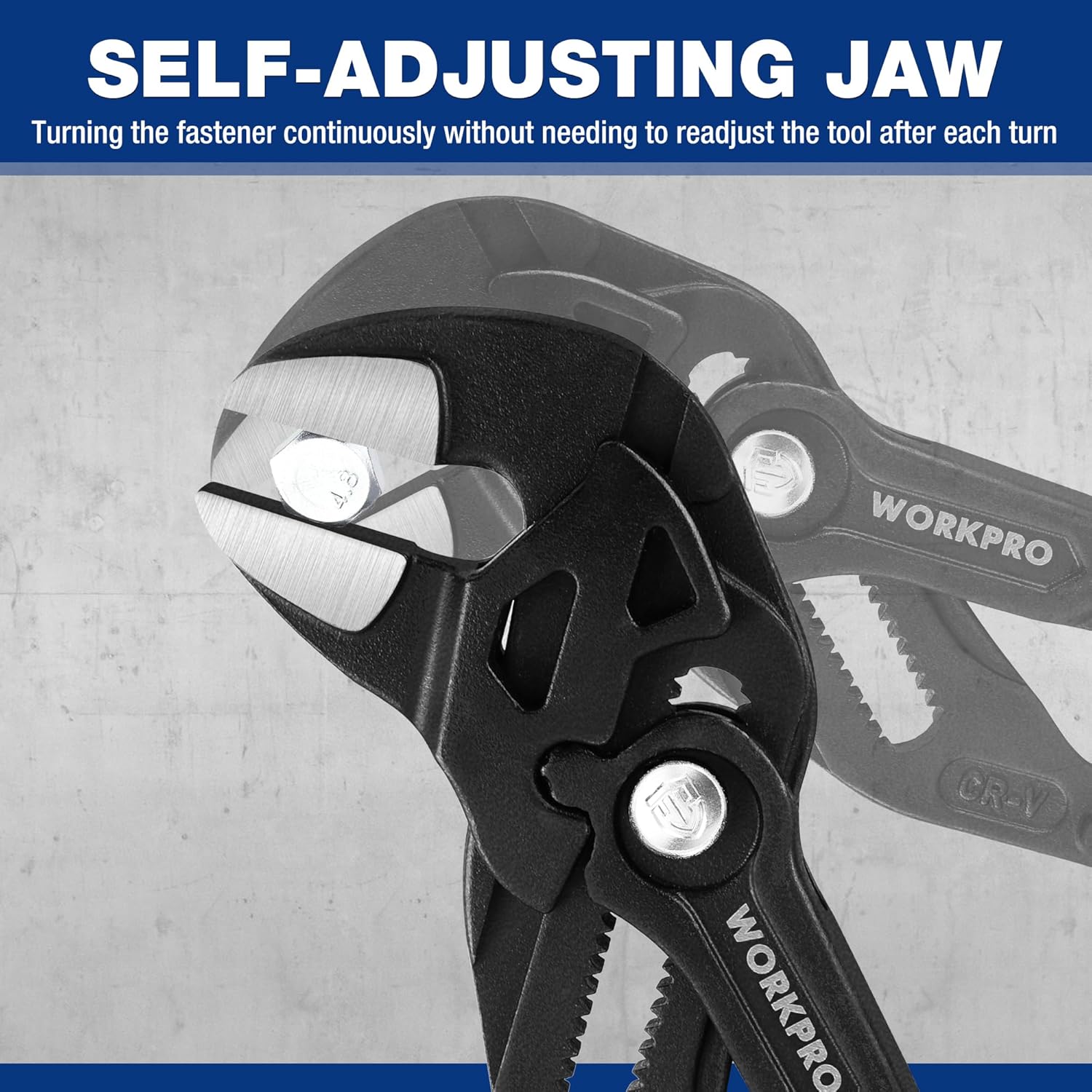Black self-adjusting pliers wrench with blue handles and CR-V jaw faces