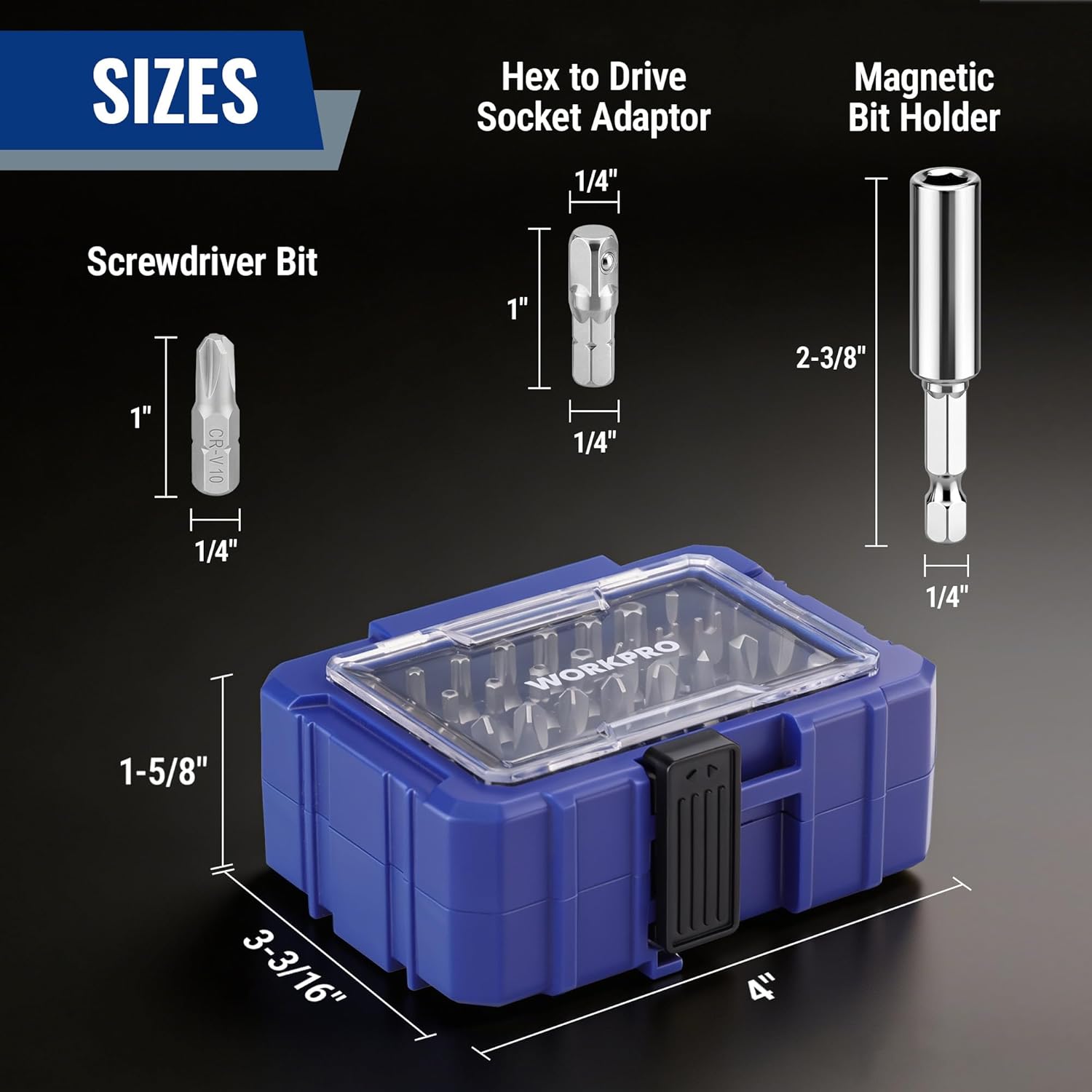 Blue bit set case with hex drive socket adaptor and magnetic bit holder, 1/4 in adapter