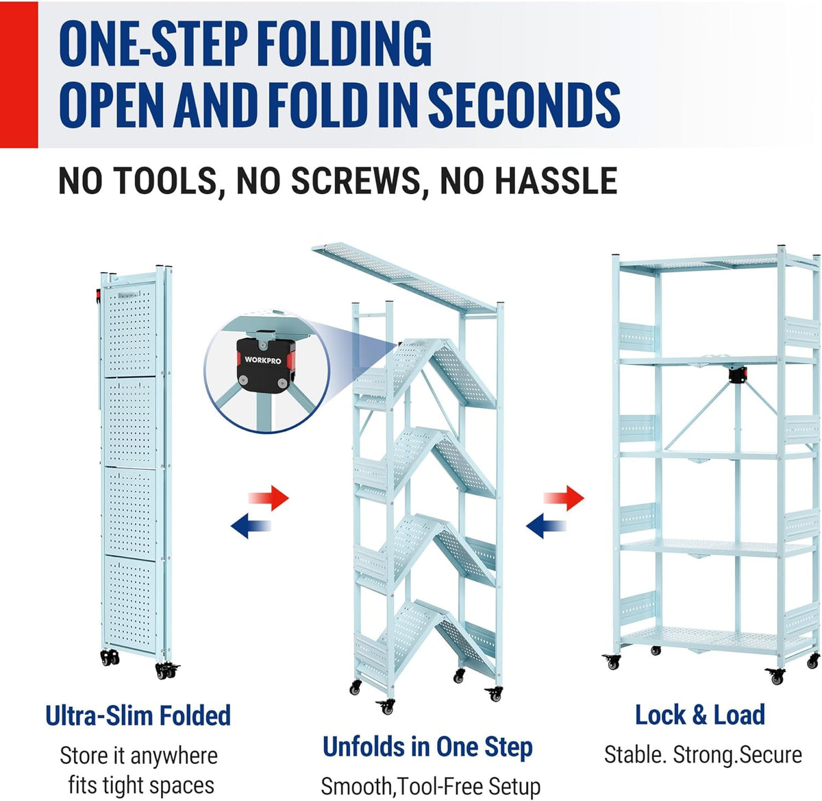 Blue folding storage rack with open shelves and caster wheels, shown unfolding
