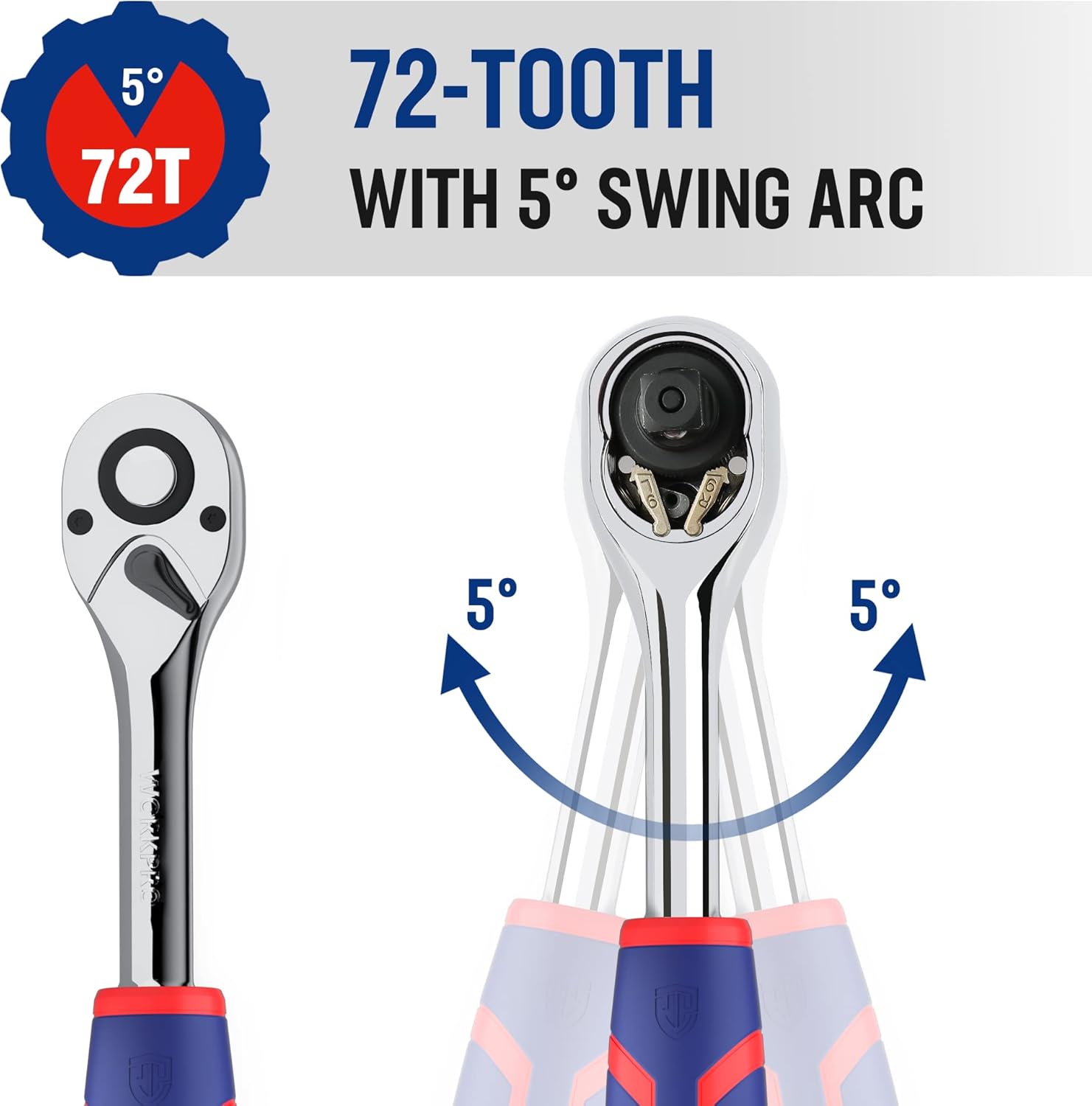 WORKPRO 1/4-inch reversible ratchet, 72-tooth drive with 5° swing arc, chrome head