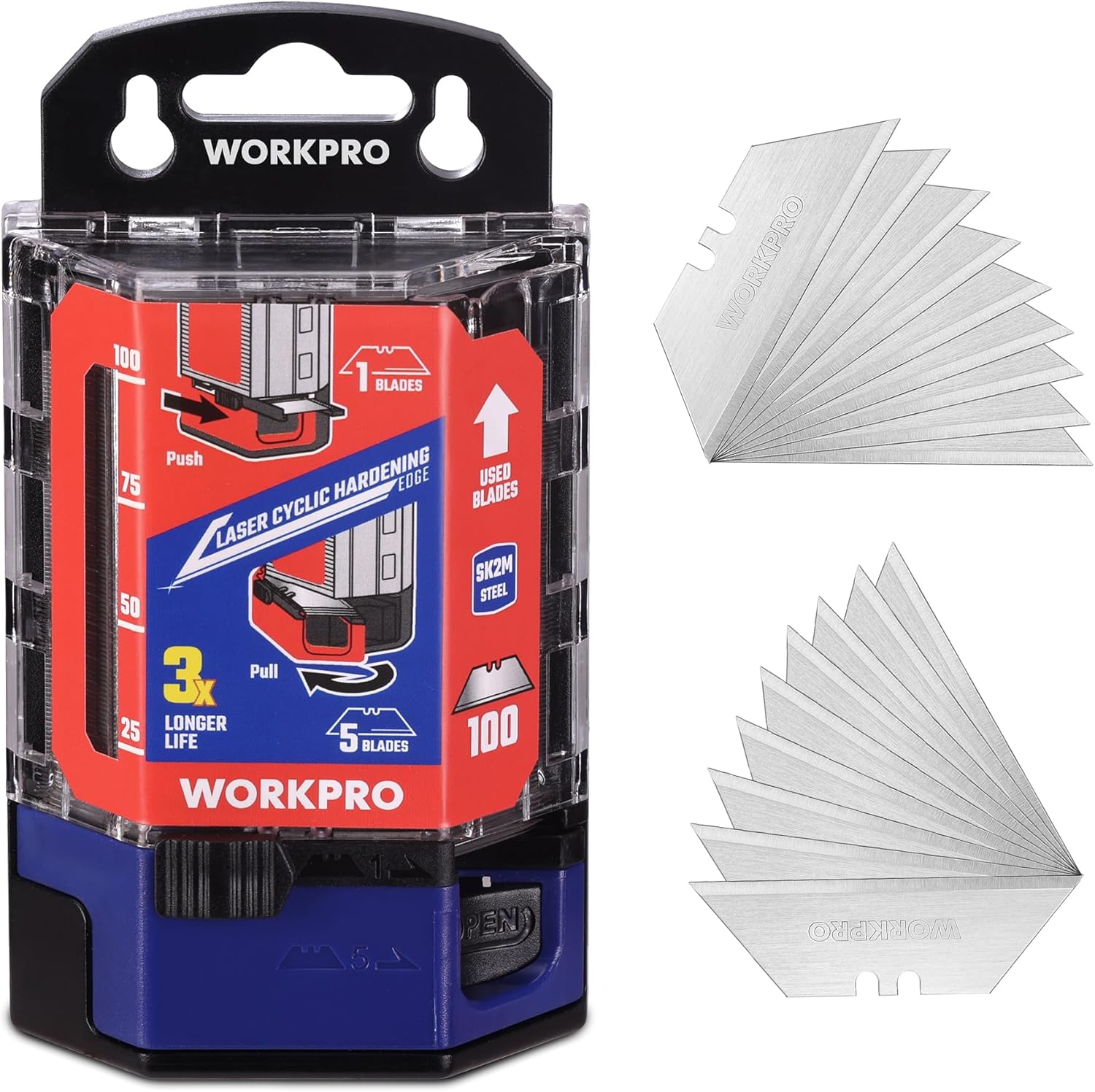 WORKPRO Utility Knife Blades 100-Pack, SK2M Steel Ultra Sharp Razor Blades with Dispenser, Replacement Blades for Box Cutters, Fits Most Standard Utility Knives