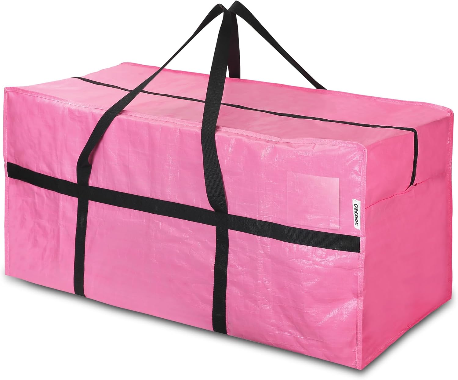 Pink extra-large moving bag with black cross straps and top carry handles, zippered