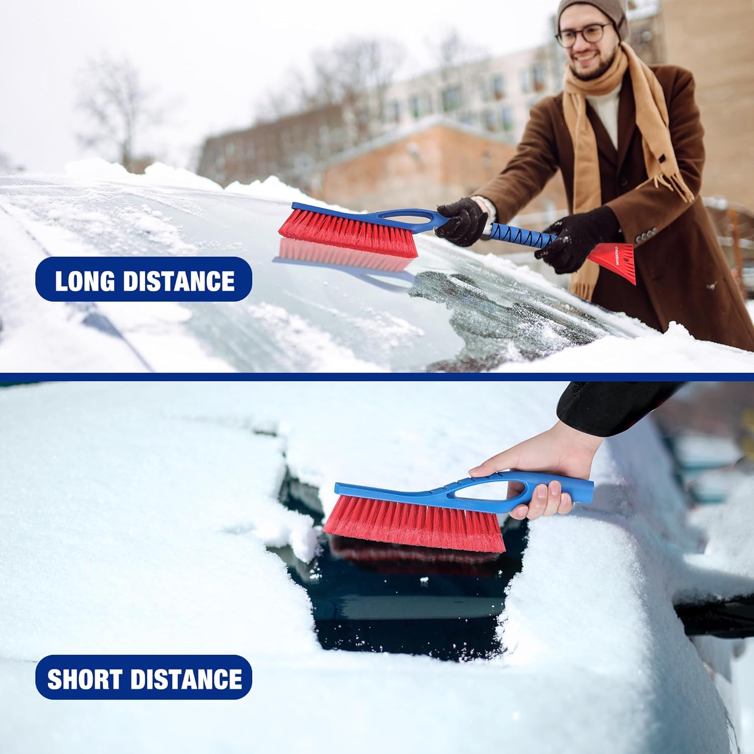 Snow removal tool in use on a car windshield: blue brush with red bristles.