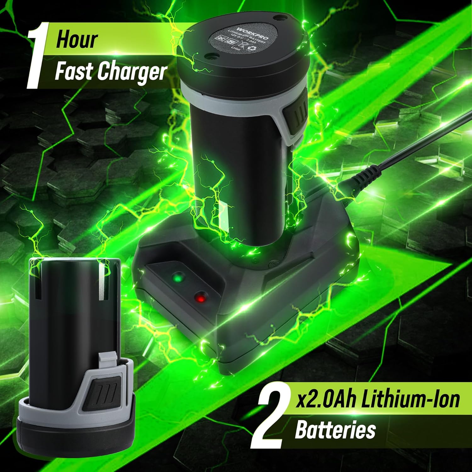 WORKPRO fast charger with 2.0Ah lithium-ion battery pack for cordless ratchet wrench