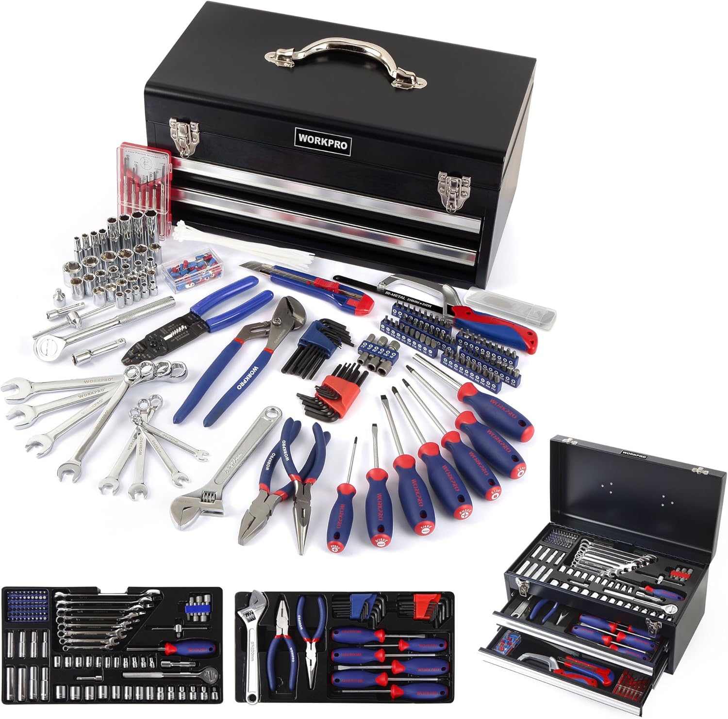 Black metal 2-drawer tool box with assorted hand tools, sockets, and bit sets