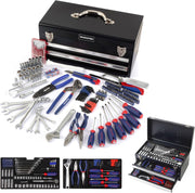 Black metal 2-drawer tool box with assorted hand tools, sockets, and bit sets