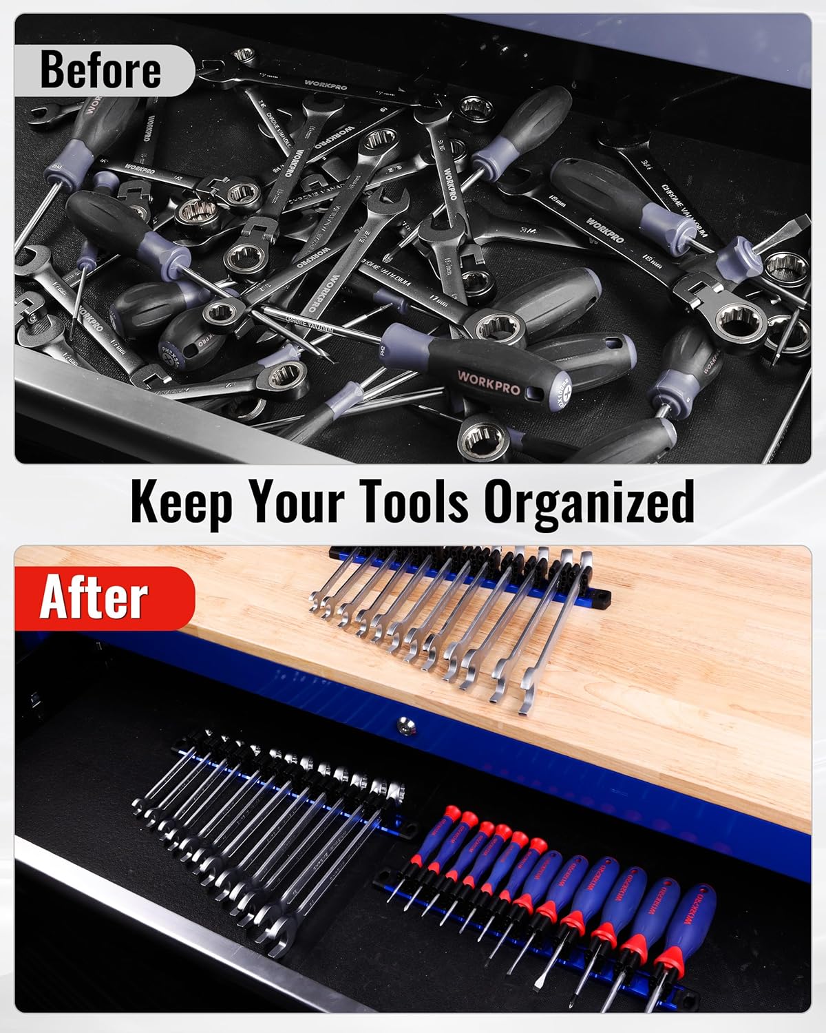 Black and blue magnetic tool organizer rail with front slots for screwdrivers and wrenches