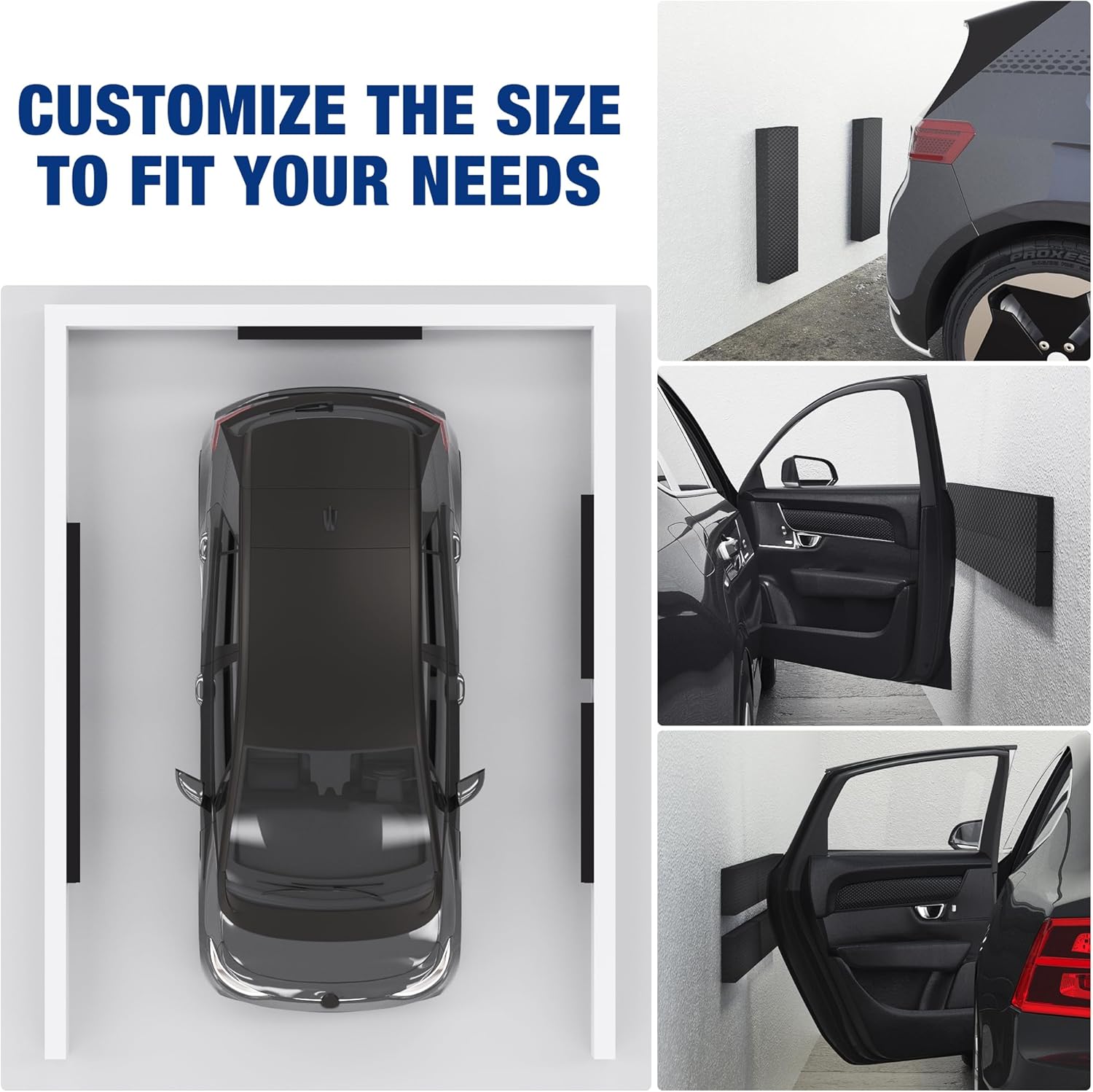Set of dark gray door protectors with adhesive backing on a garage wall