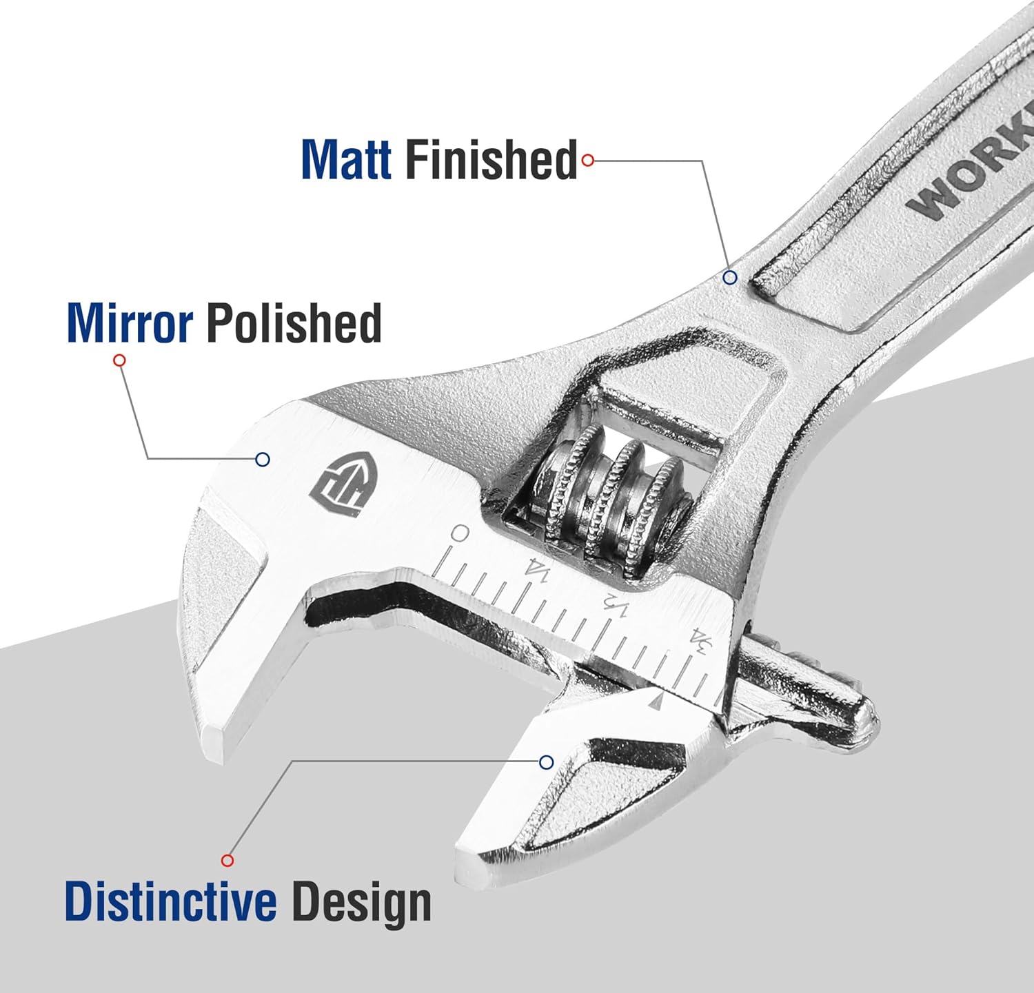 Mirror-polished adjustable wrench jaw with setting dial and engraved measurement scale.