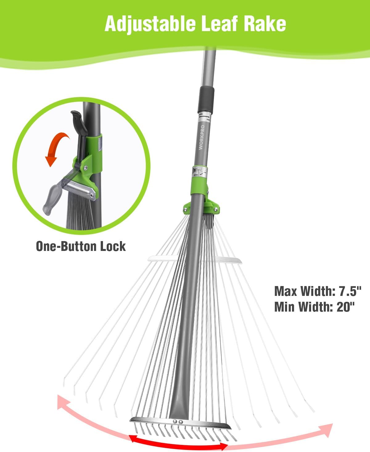 Adjustable leaf rake with one-button lock and collapsible fan tine head