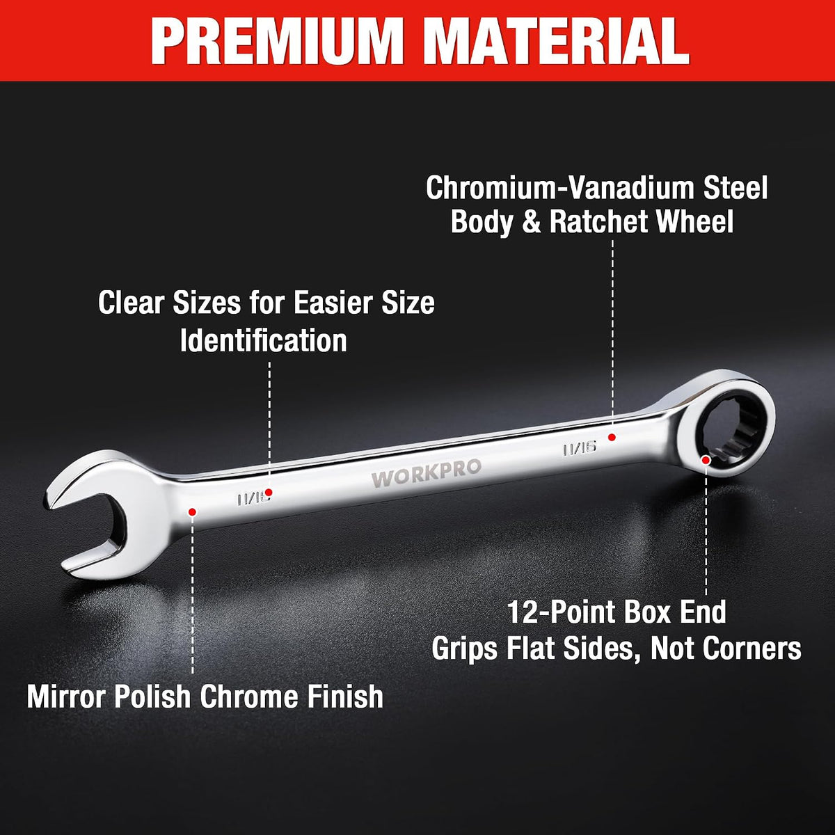 WORKPRO Ratcheting Wrench Set, SAE, 7-piece Ratcheting Combination Wrench Set, 5/16'', 3/8'', 7/16'', 1/2'', 9/16'', 5/8'', 18/16'', 12-Point, CR-V Steel, with Organizer Rack