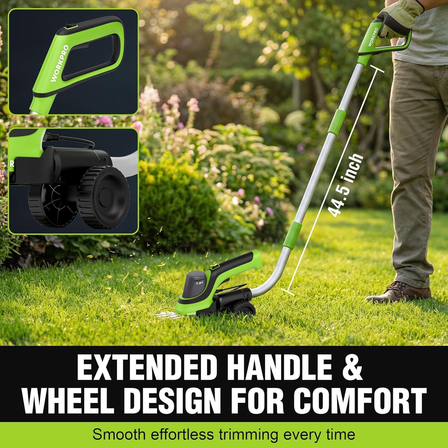 Cordless trimmer with wheeled extension pole for lawn edging and trimming