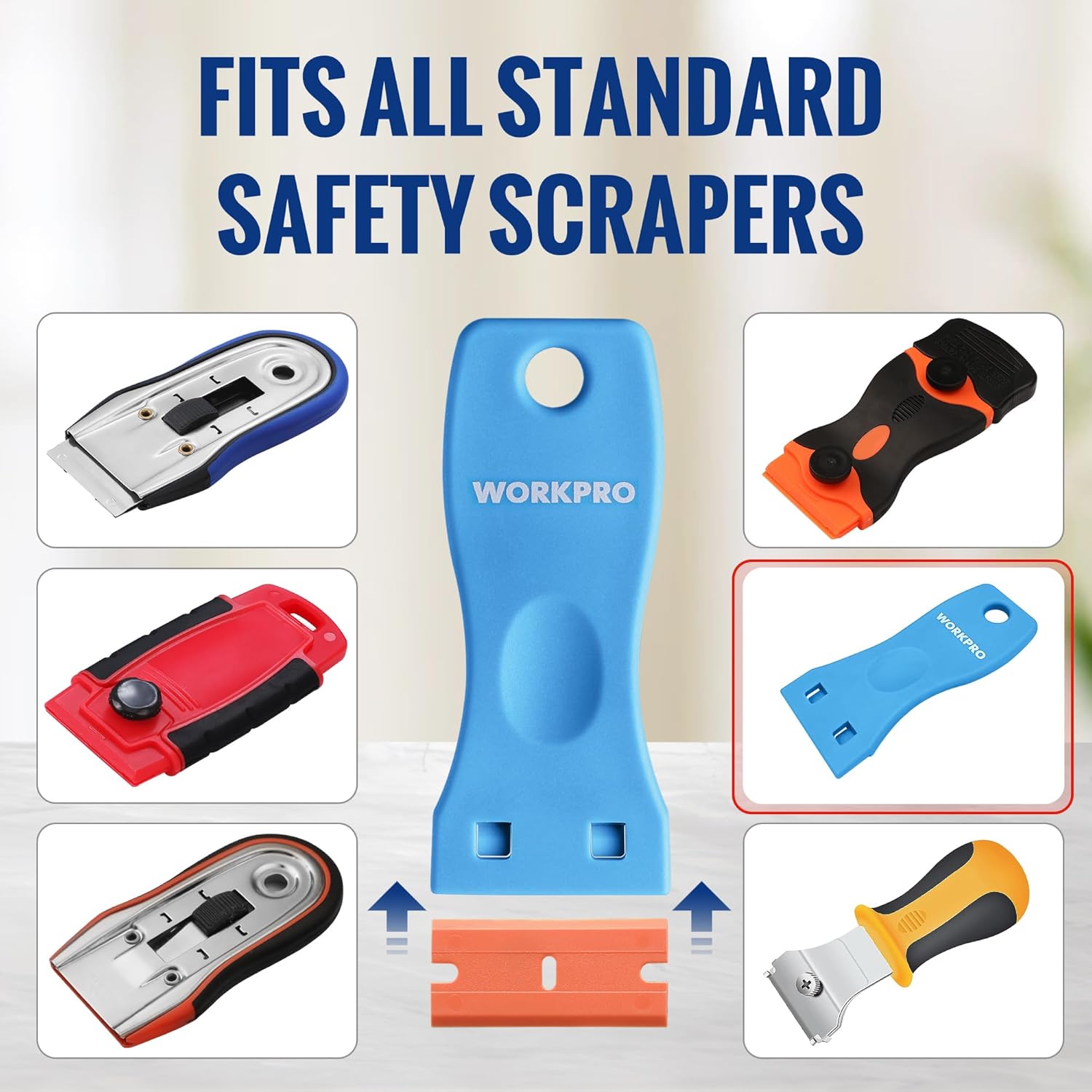 Orange safety scraper blade refill shown with a compatible blue safety handle