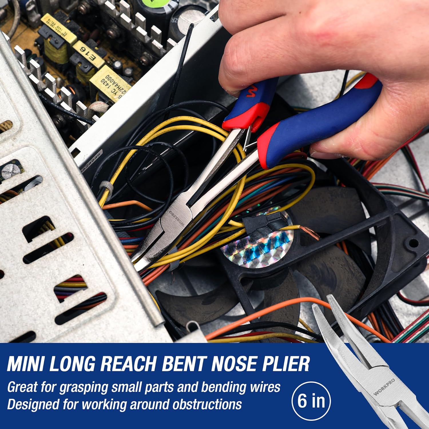 Mini long reach bent nose pliers with angled silver jaws and blue/red handles, reaching in a panel